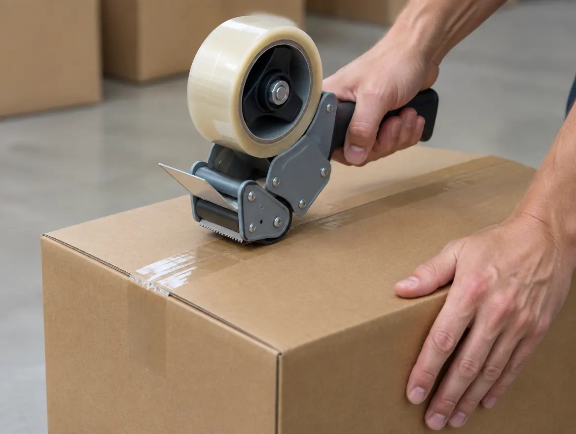 Hands taping a cardboard box shut