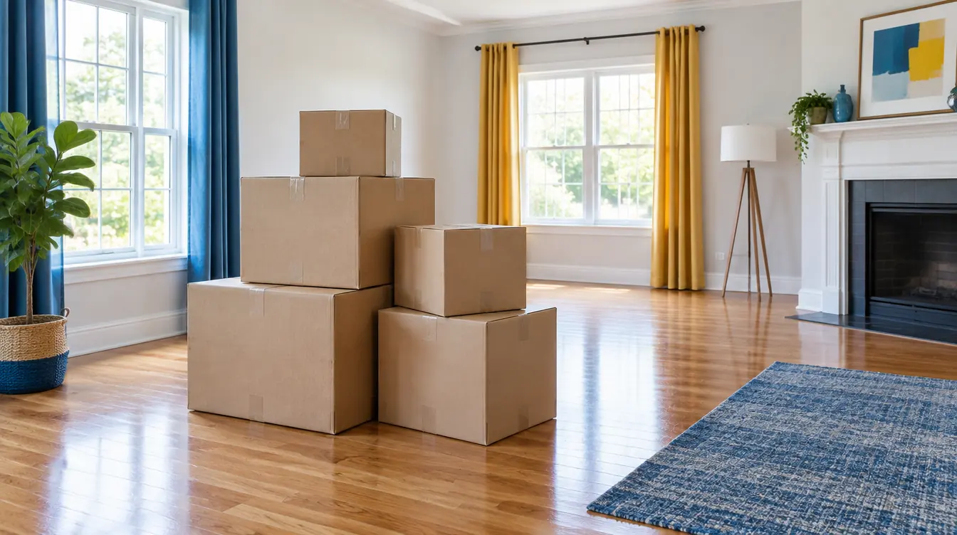 Stacked cardboard moving boxes in a bright, empty living room