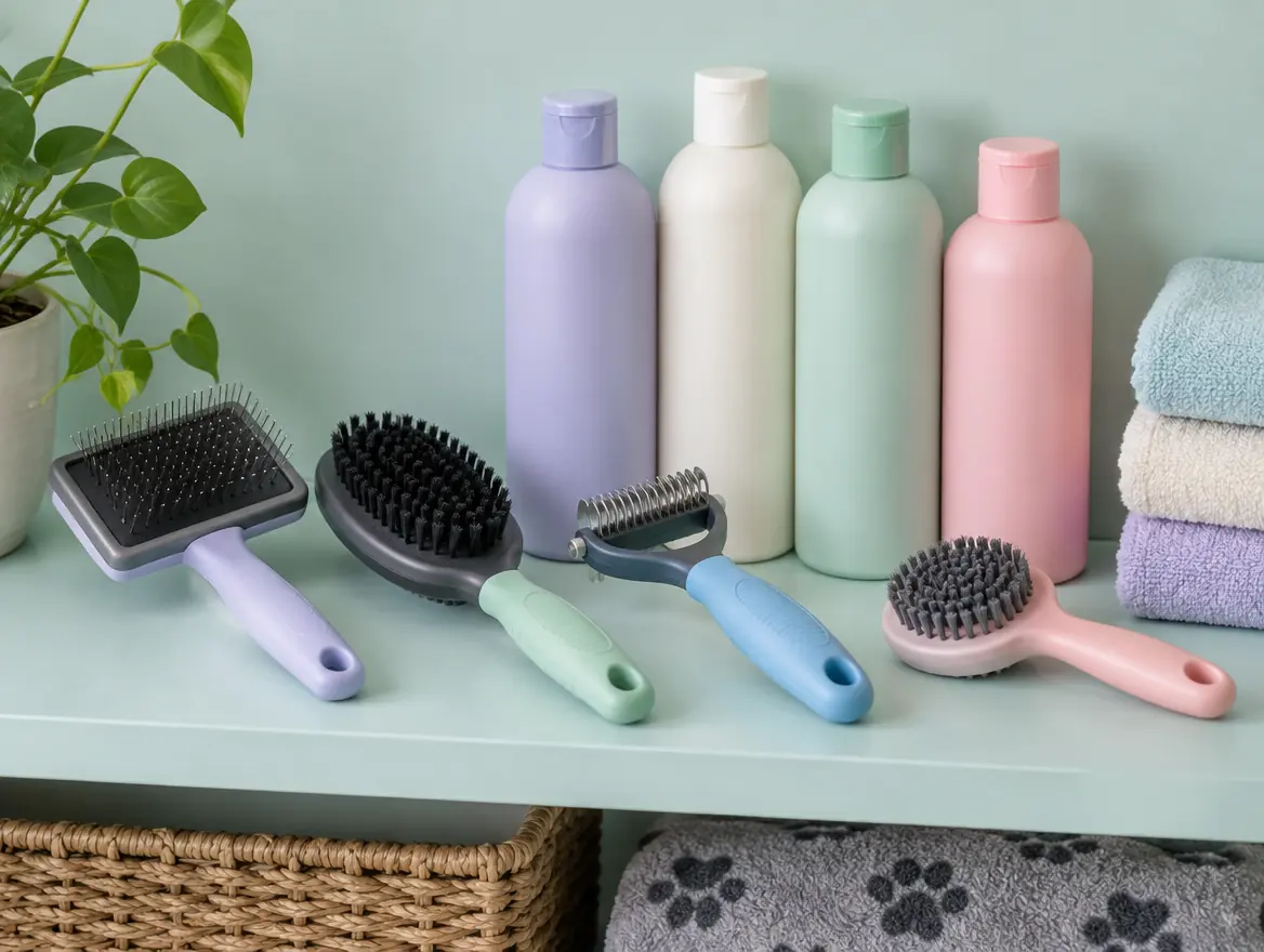 Pastel brushes and shampoo bottles on a shelf