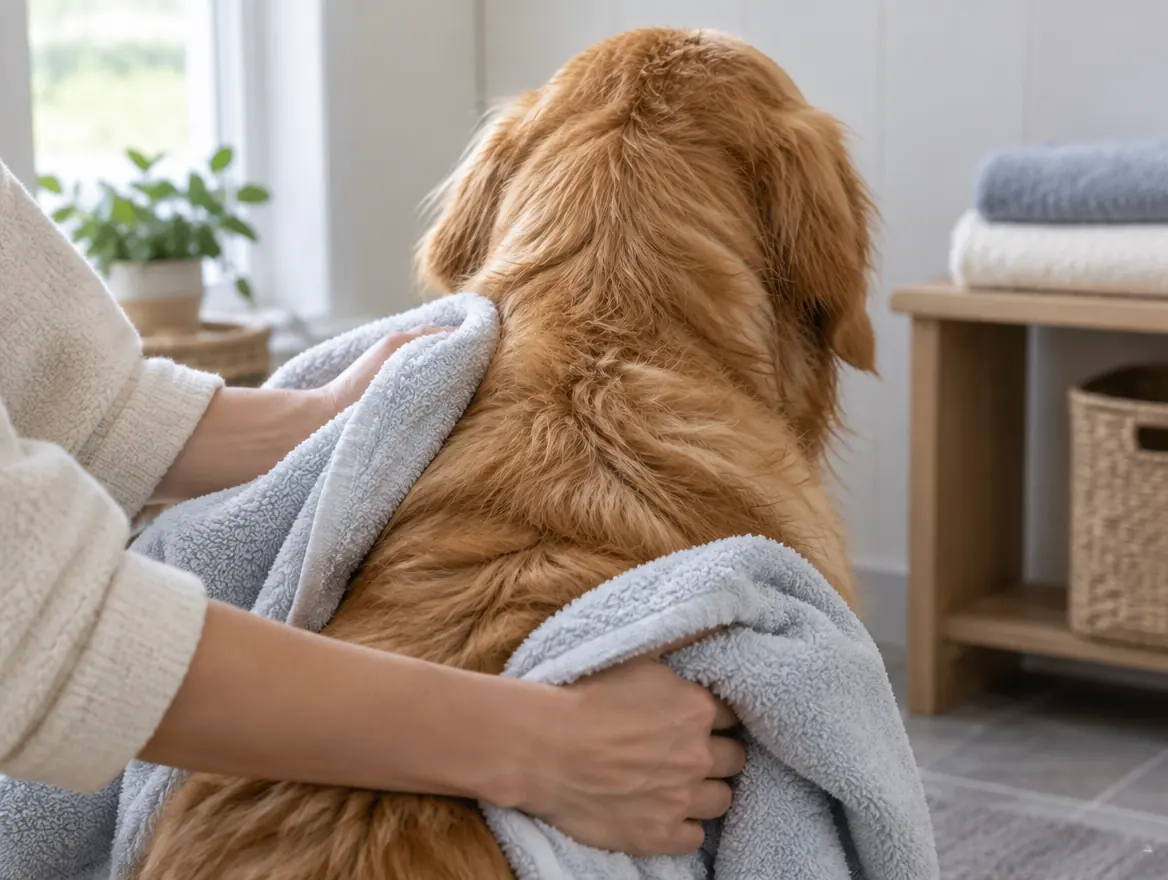 Golden retriever from behind being towel-dried