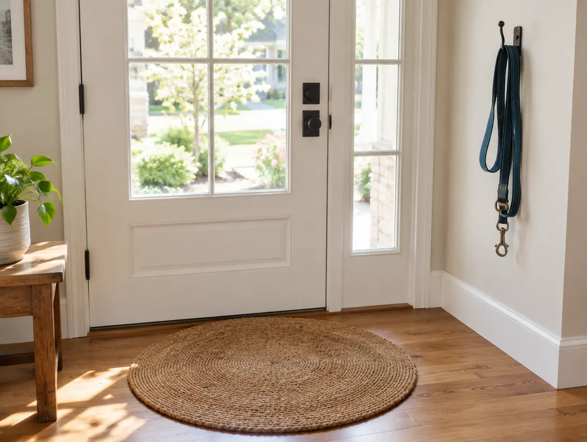 Bright doorway with a leash on a hook and a round mat