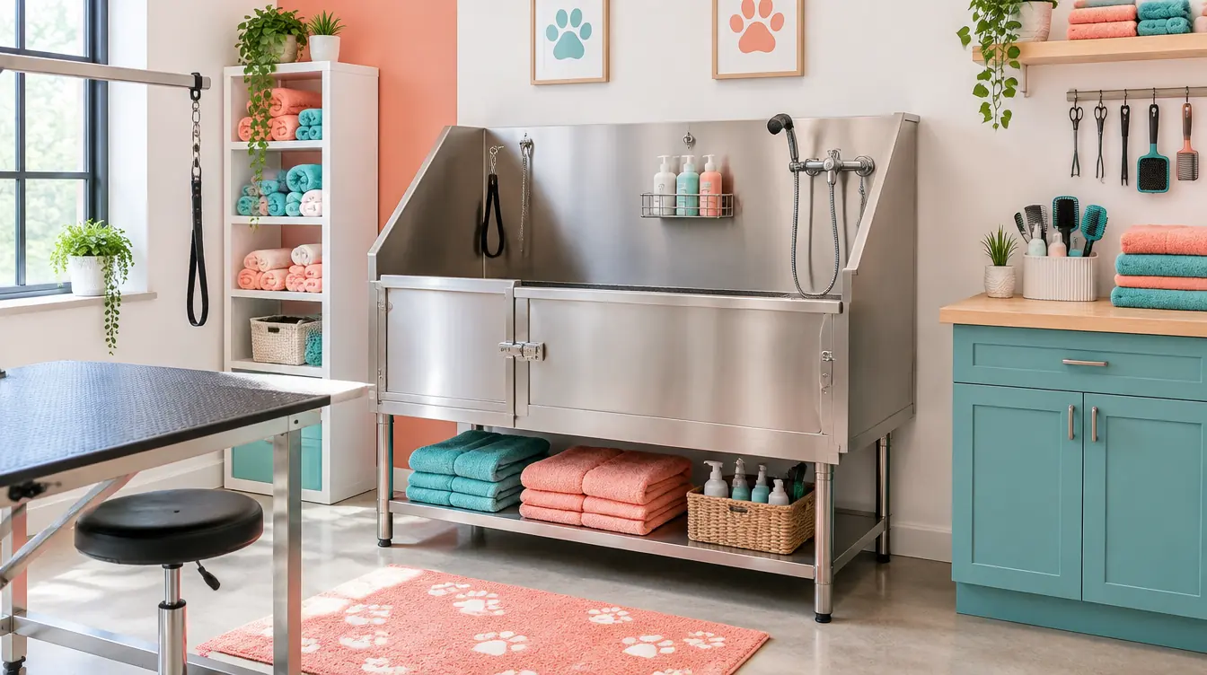 Bright grooming studio with a stainless tub and folded towels