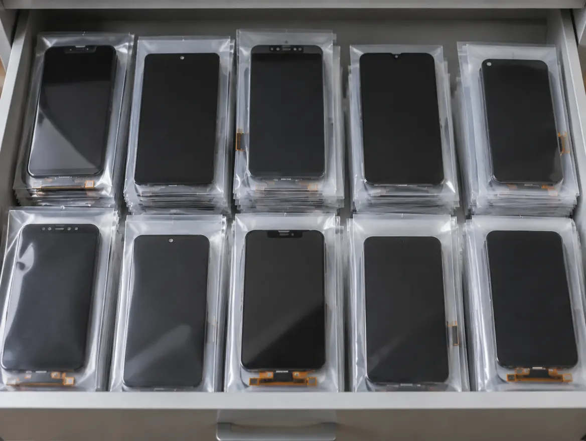 A drawer of replacement phone screens in protective sleeves