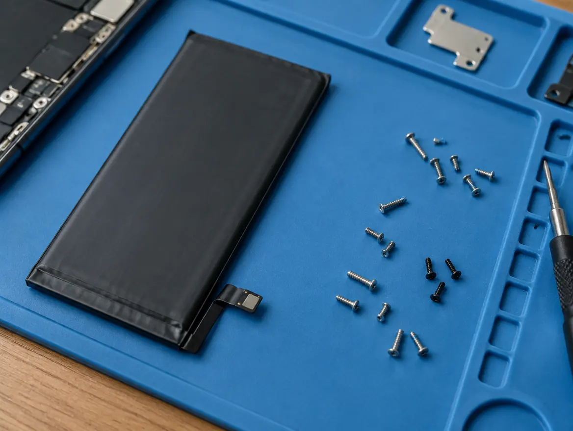 A replacement phone battery and tiny screws on a blue repair mat