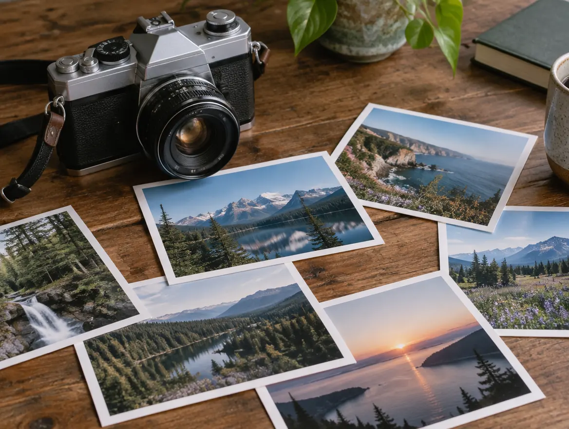 A film camera and a spread of landscape prints on a wooden desk