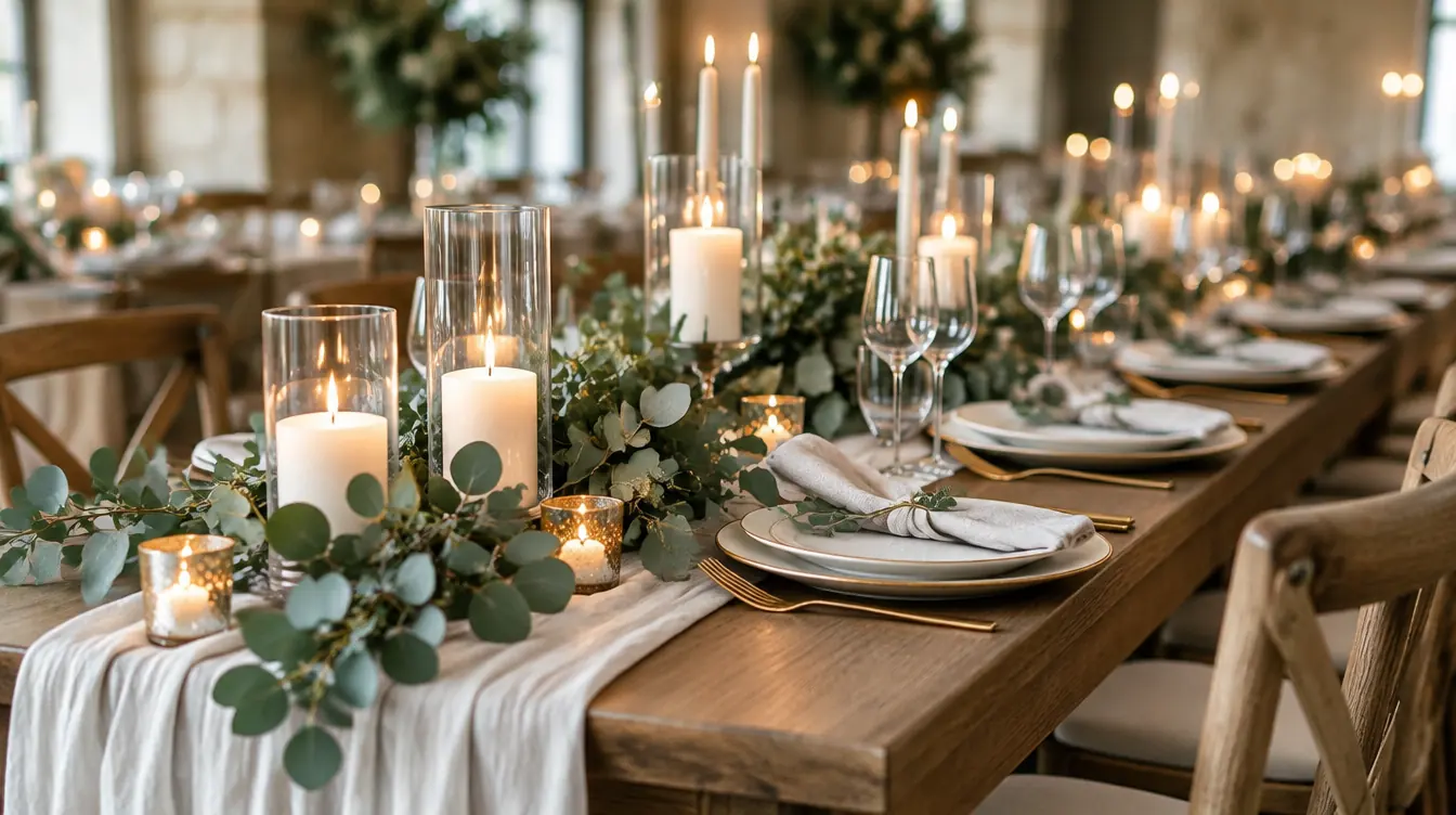 A long wedding table set with candles, eucalyptus and linen before the guests arrive