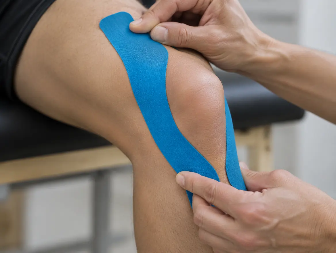 Hands applying blue kinesiology tape to a knee