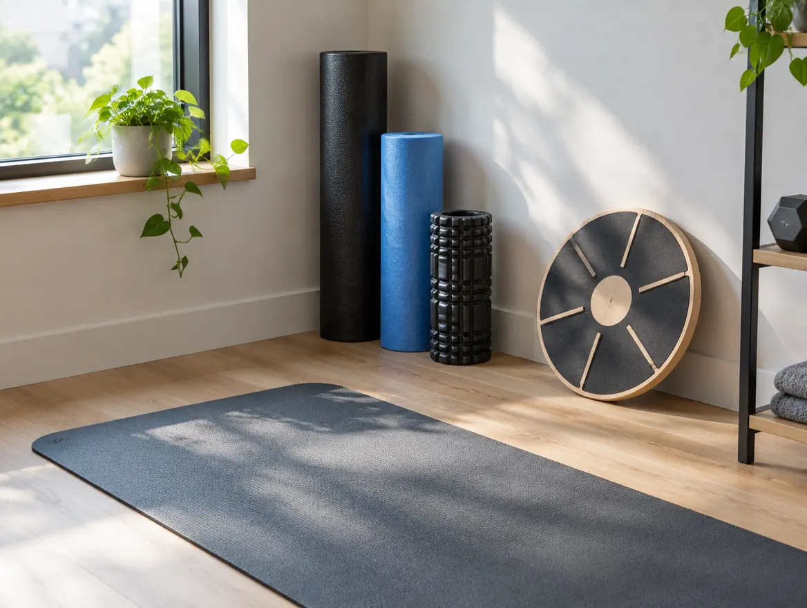 Foam rollers and a balance board in a bright corner
