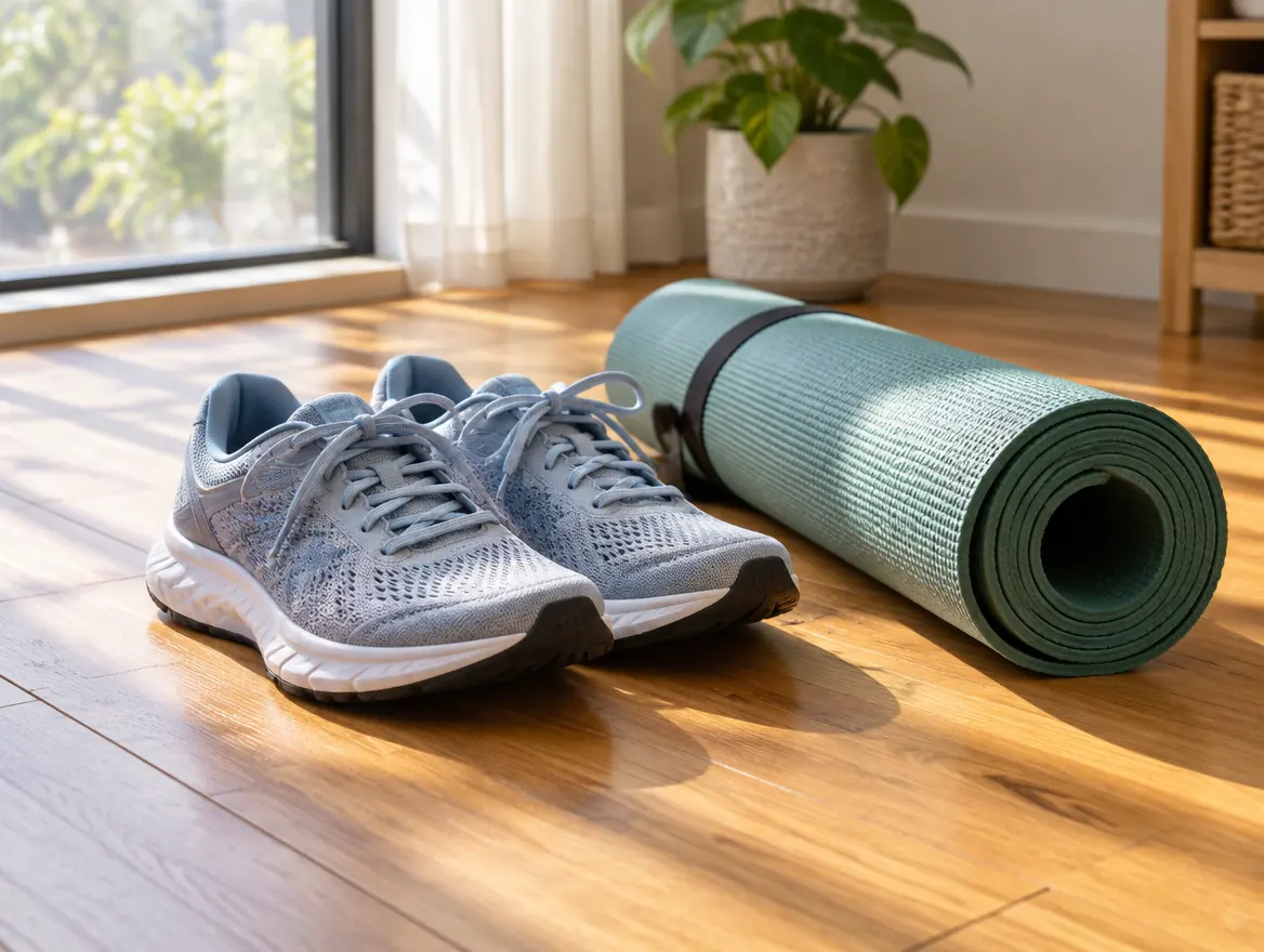 Running shoes beside a rolled green yoga mat