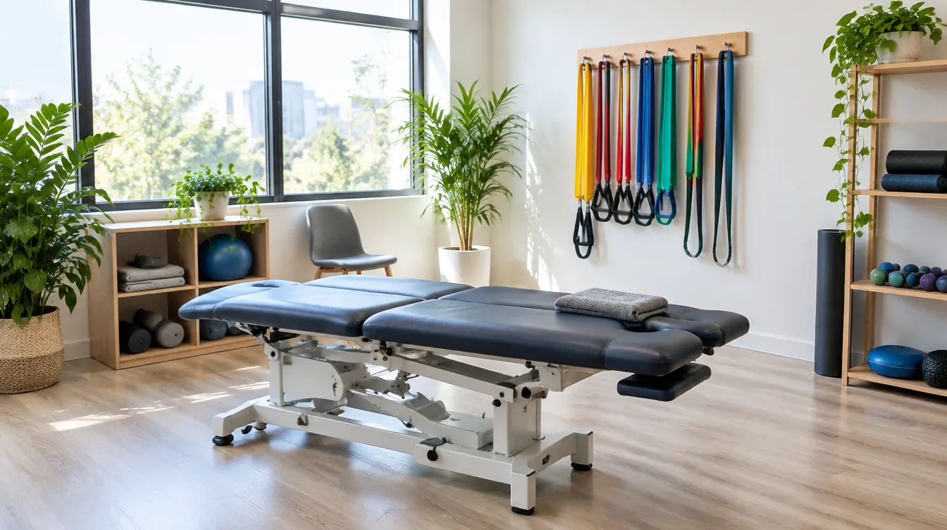 Bright clinic with a treatment table and resistance bands on the wall