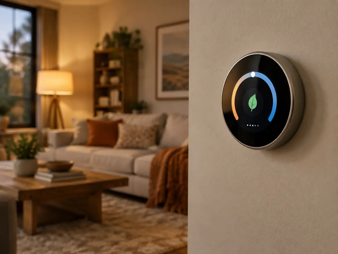 Smart thermostat on a living-room wall at dusk