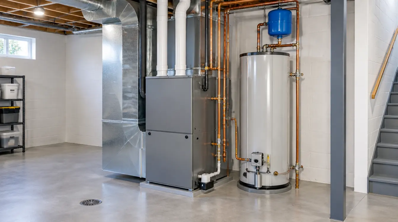 Clean utility room with a new high-efficiency furnace, copper piping and a water heater