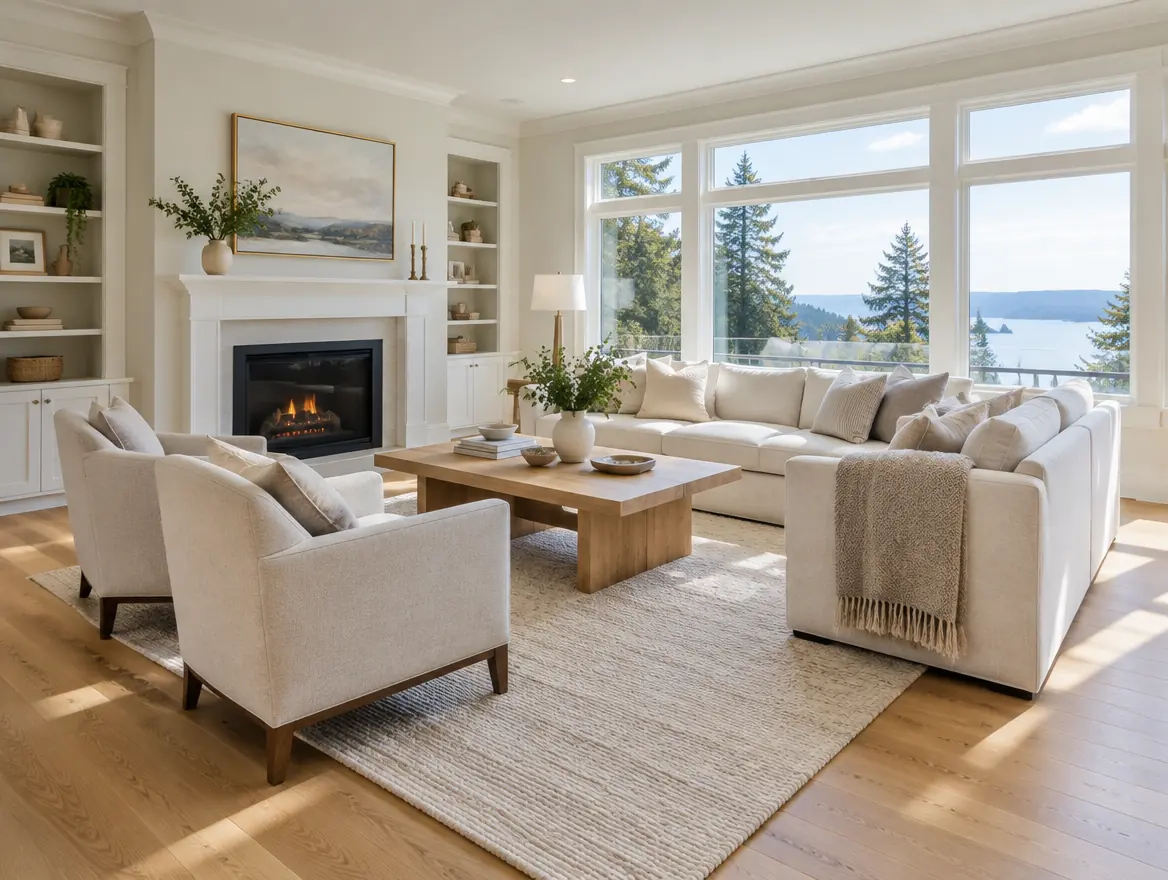 Bright living room with a fireplace and tall windows