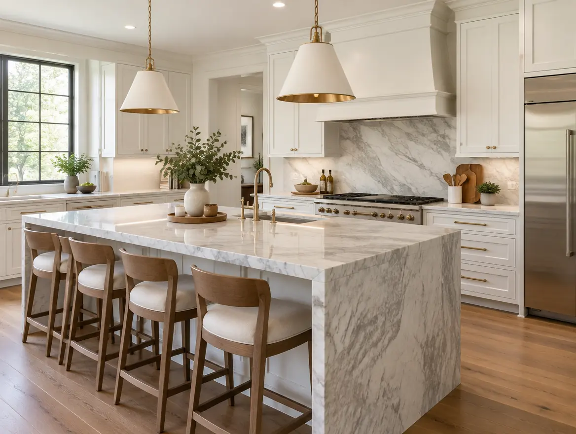 White kitchen with a marble island and brass pendants
