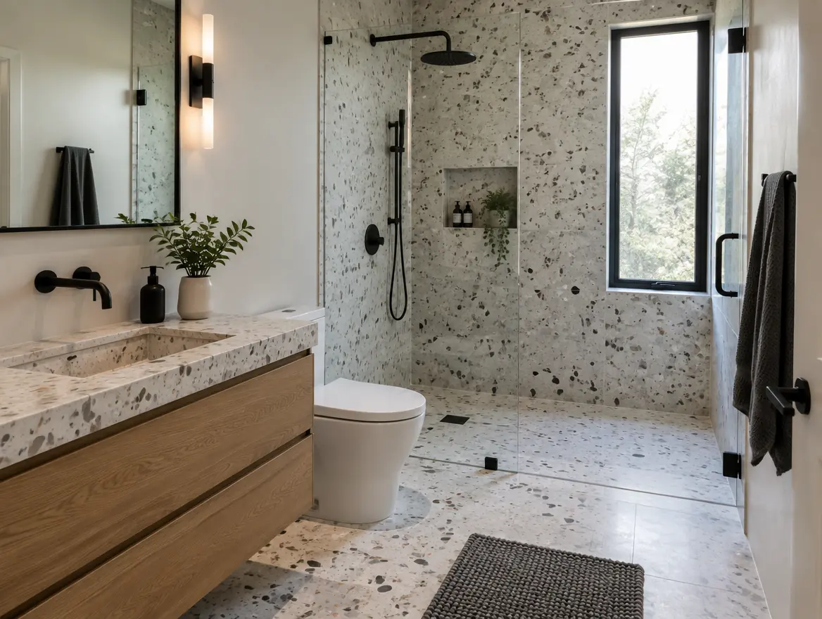 Before (illustration): the same ensuite shown dim and desaturated