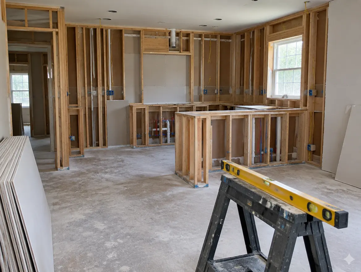 Before: kitchen stripped to wood framing with a level on a sawhorse
