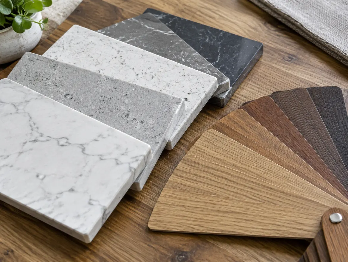 Quartz countertop samples beside a fan of wood finish swatches