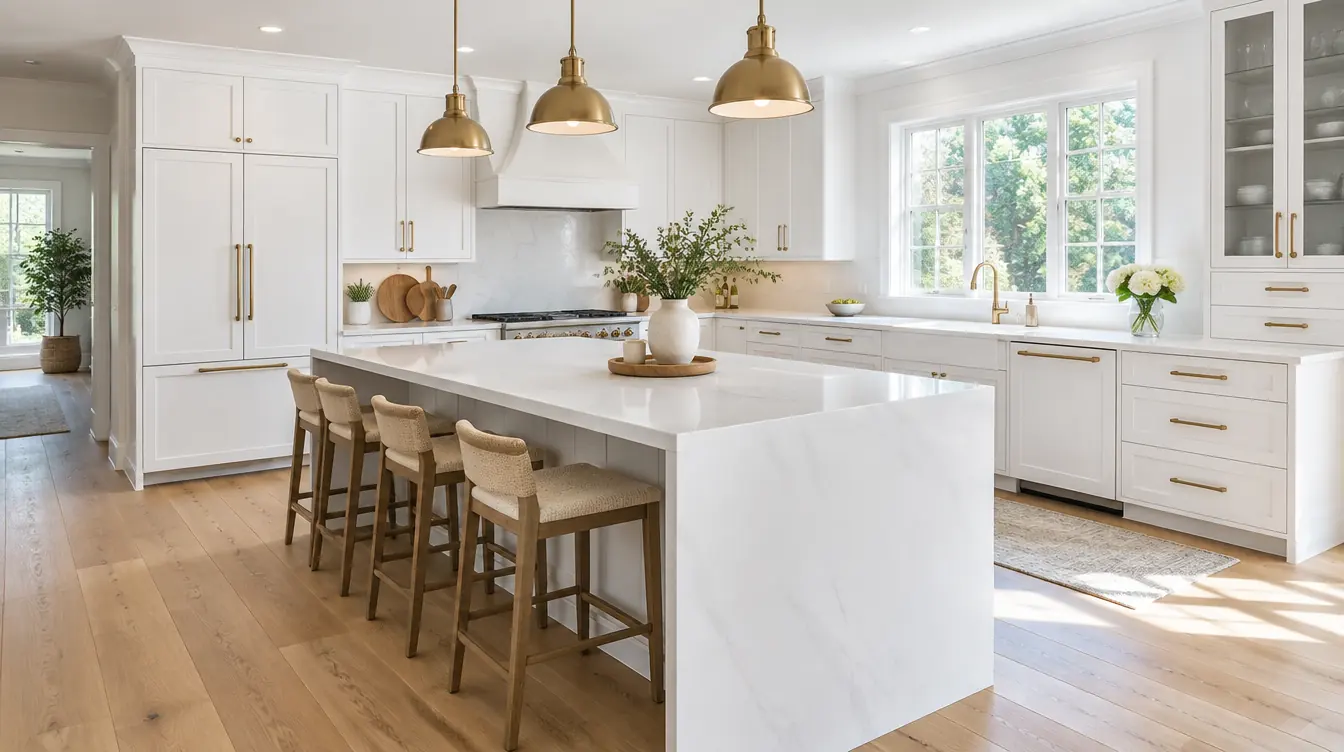 After: white kitchen with an island, oak floors and brass pendants