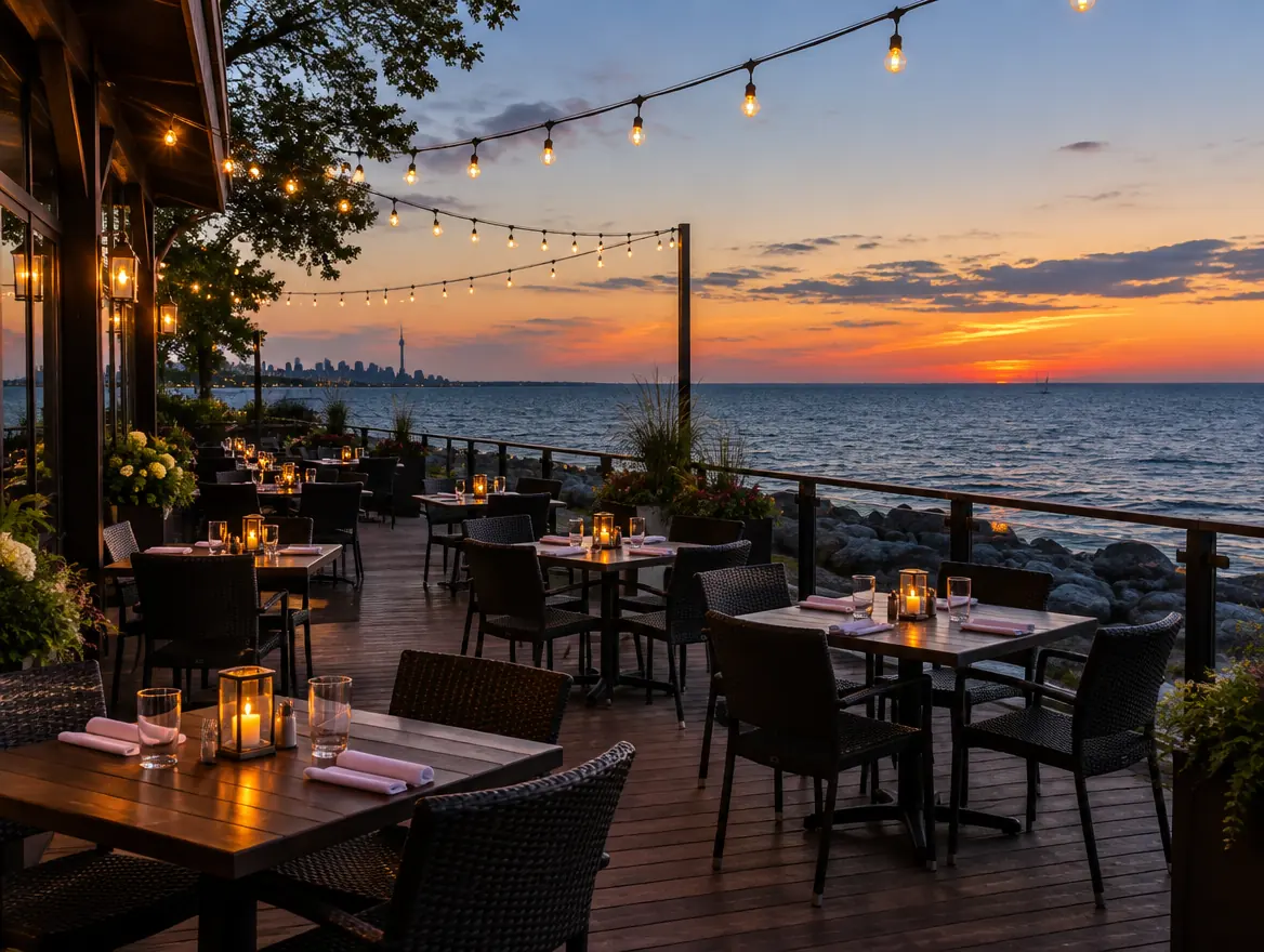 Harbourline's waterfront patio at dusk with string lights over empty tables and the city skyline