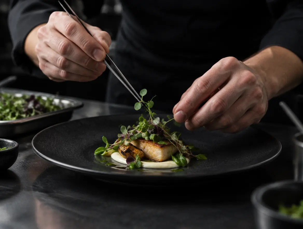 Chef's hands placing microgreens on a fish course with tweezers