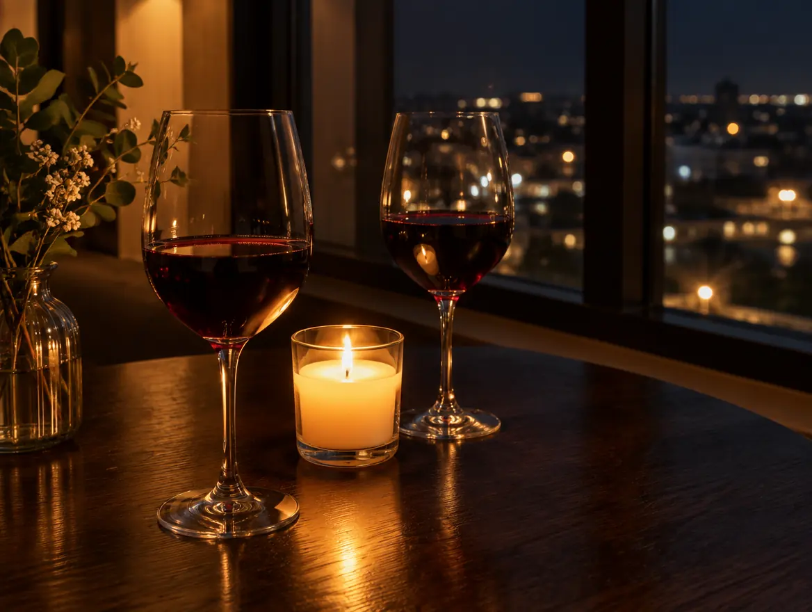Two glasses of red wine and a candle by a window at night