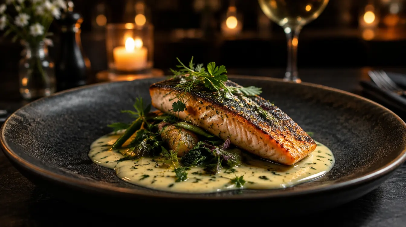 Seared Georgian Bay trout with lovage beurre blanc on a dark plate, candlelight behind