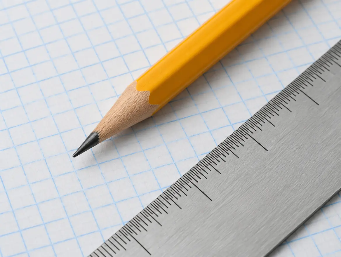 Yellow pencil and a metal ruler on graph paper