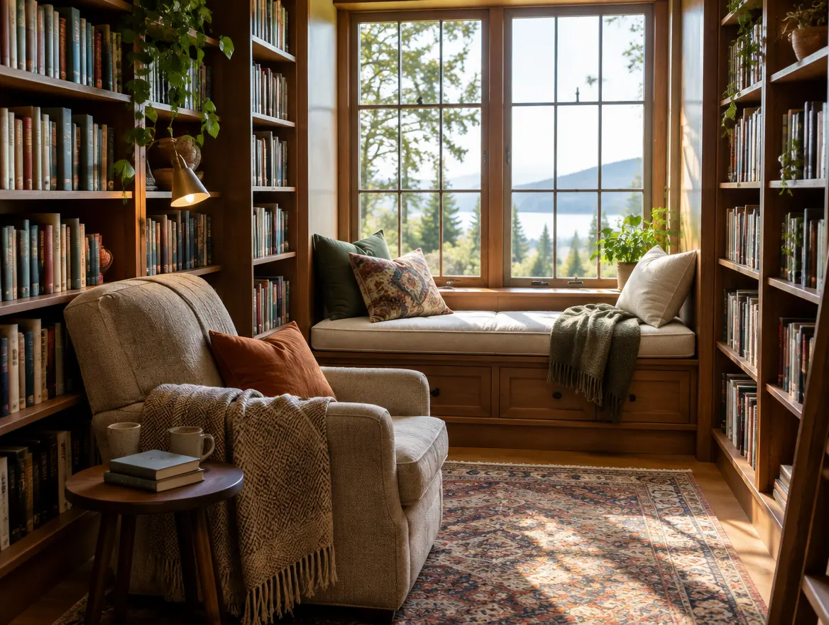 Library reading nook with bookshelves and a window seat