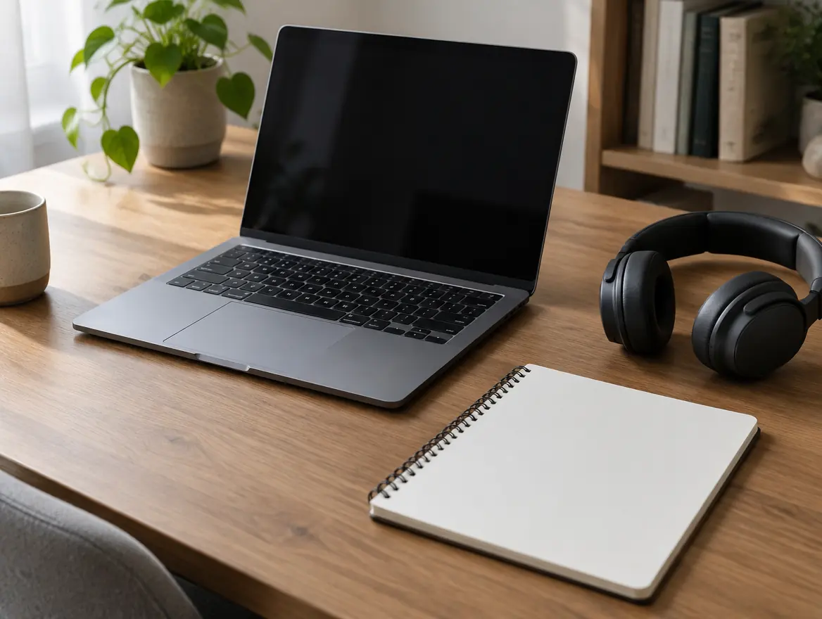 Laptop, notebook and headphones on a wooden desk