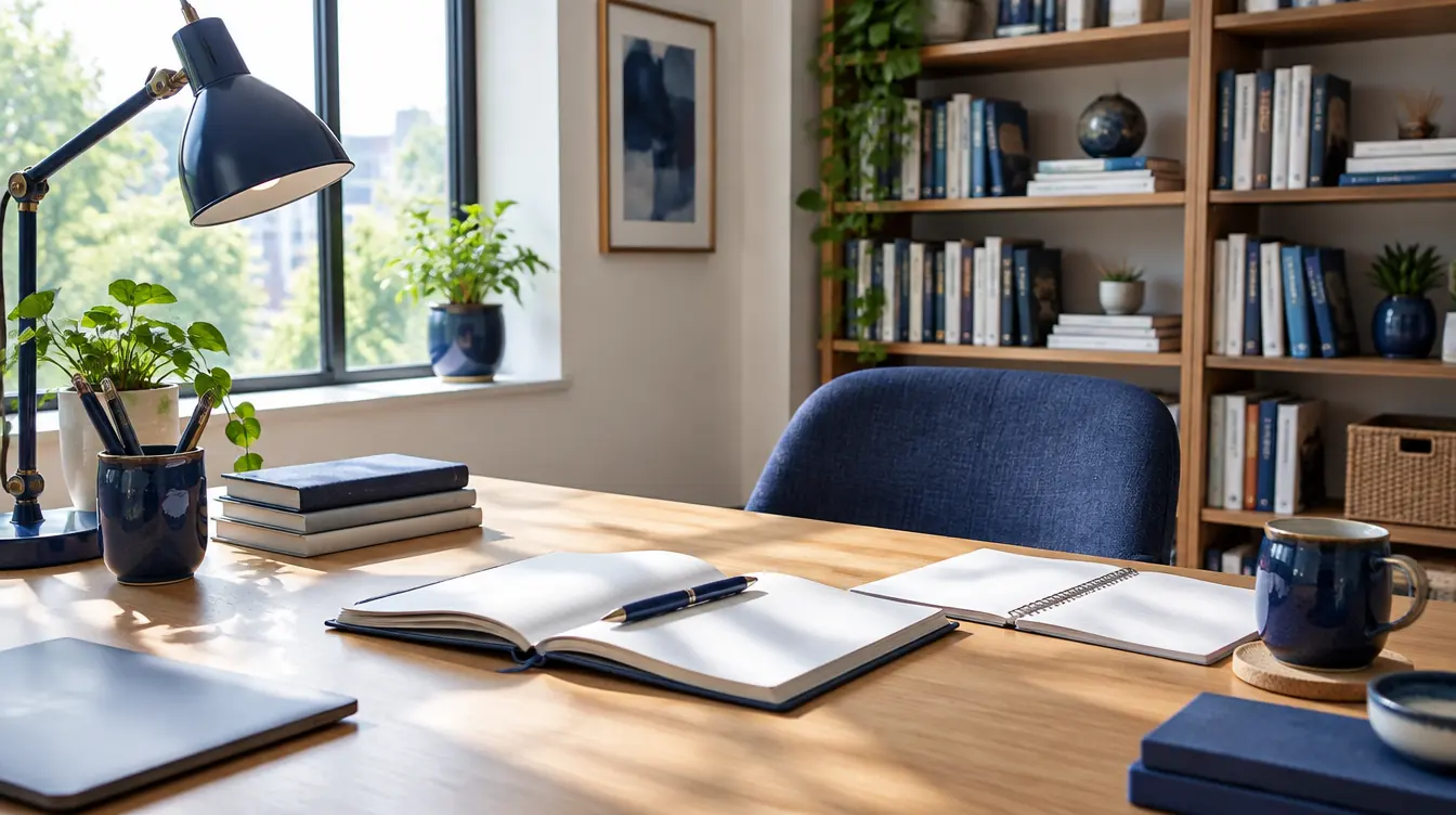 Bright study room with a desk, open notebooks, a lamp and bookshelves