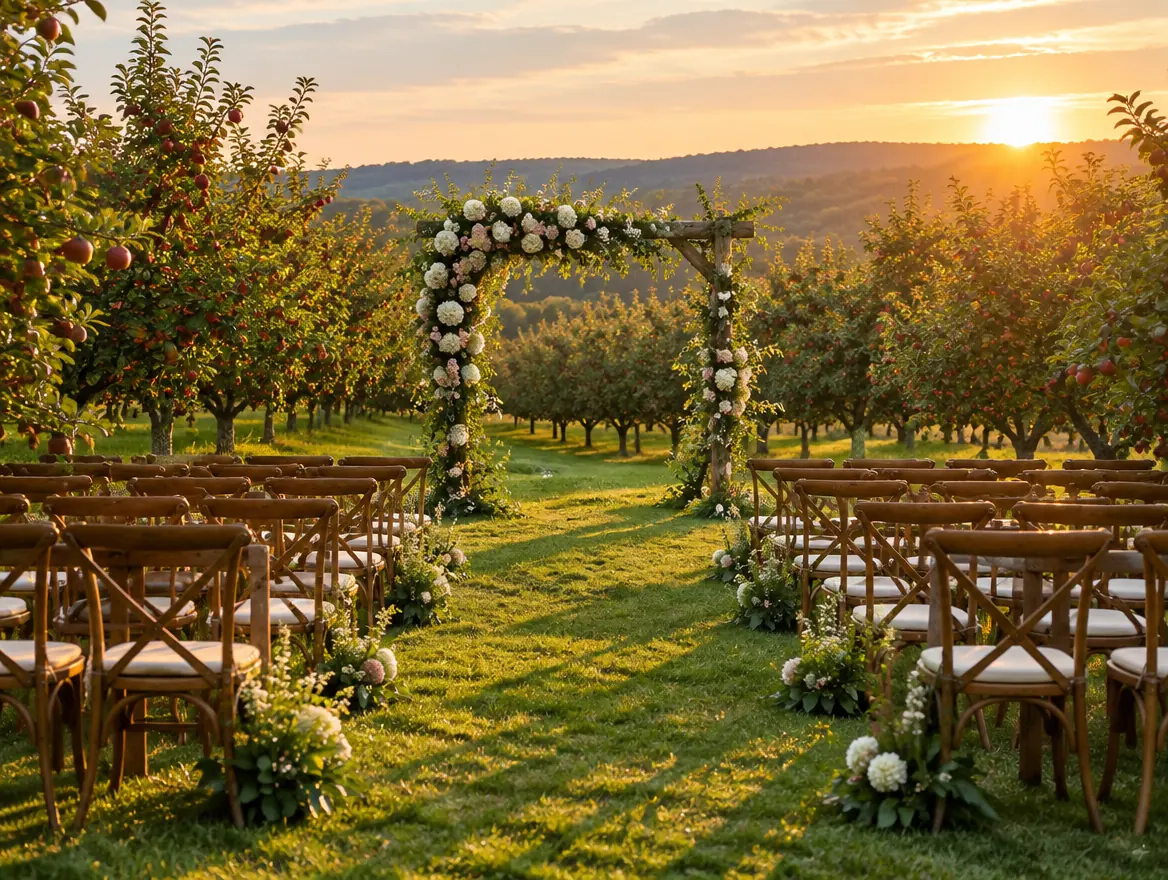 Ceremony arch of white flowers on the orchard lawn with rows of wooden chairs at golden hour