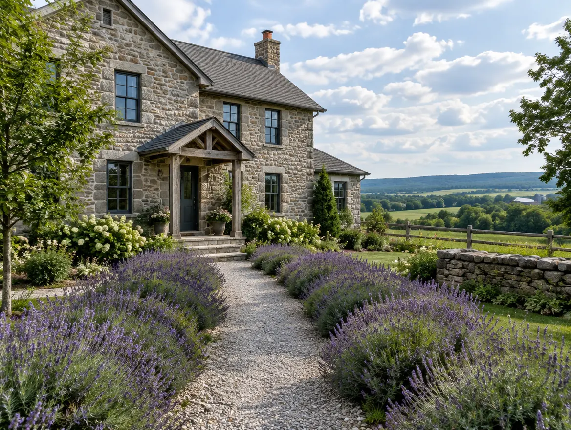 Stone farmhouse with a lavender-lined gravel path and the valley beyond