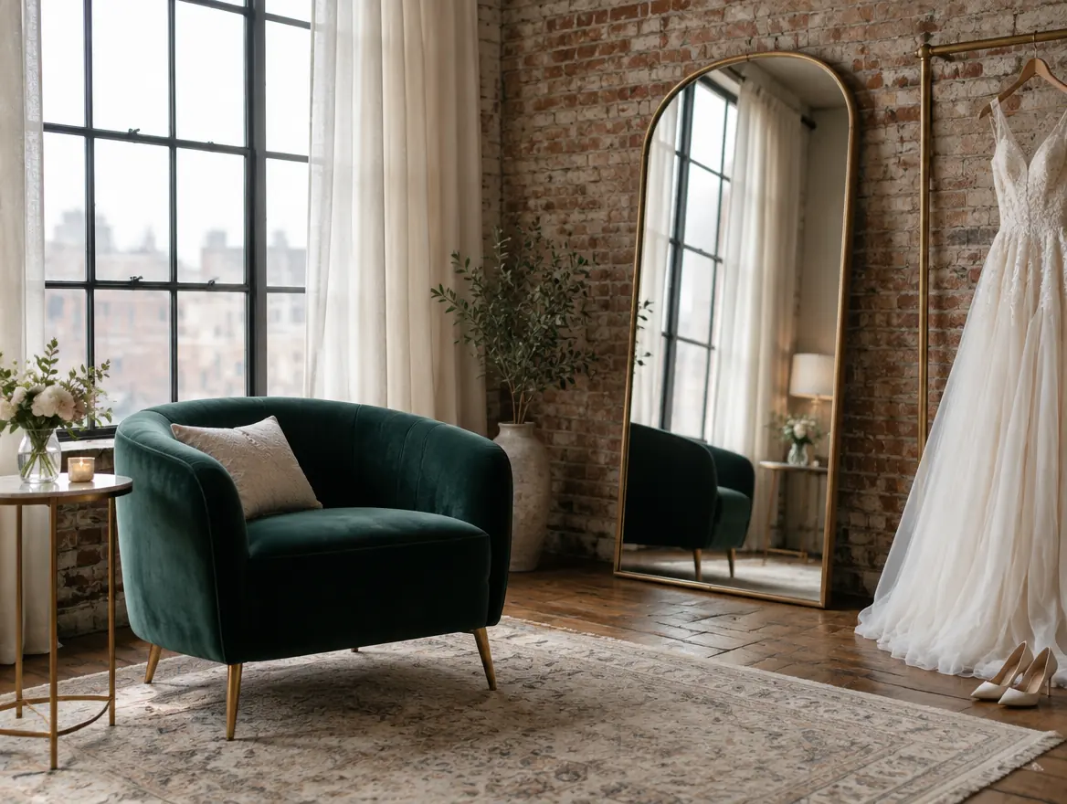 The loft suite: green velvet chair, arched mirror, brick wall and a wedding dress on a rail