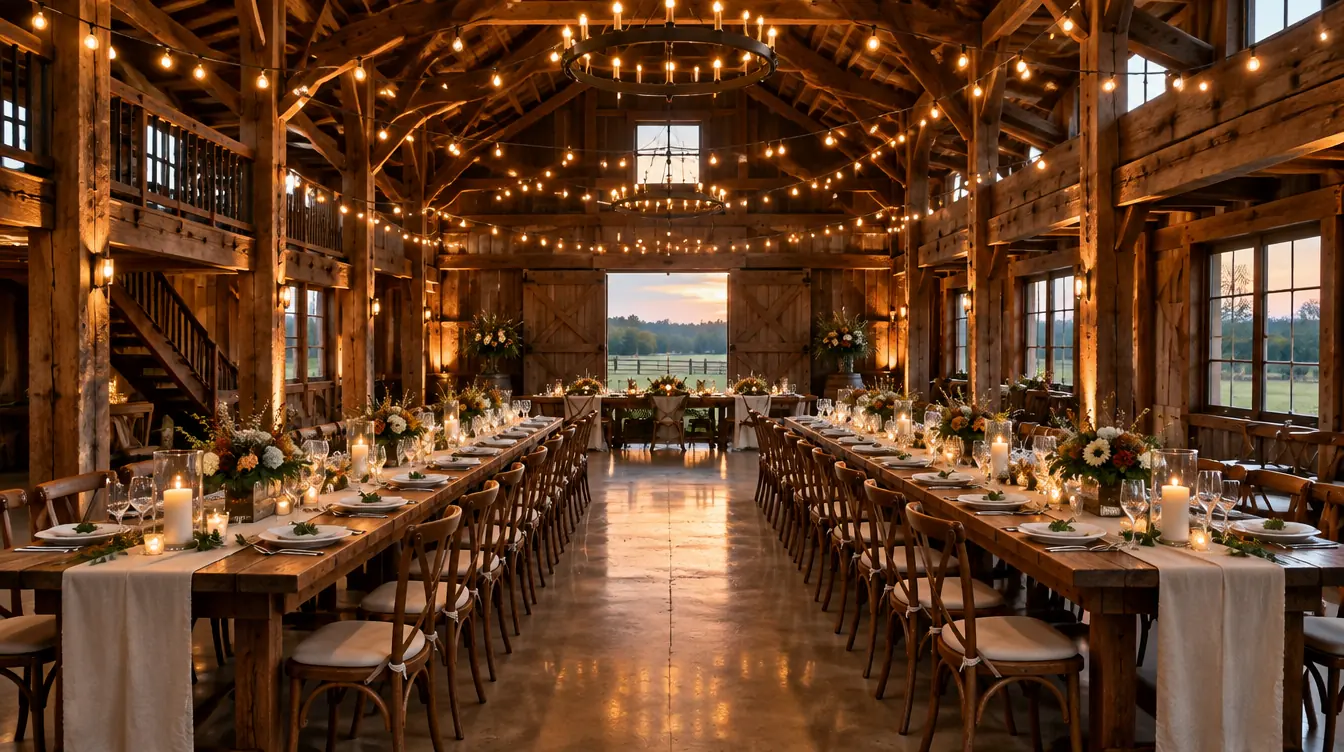 Inside the barn: long tables with candles and linen runners under string lights and timber beams