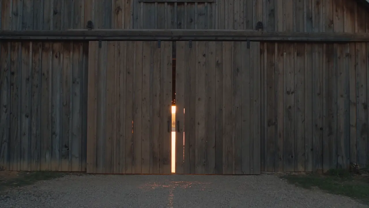 The Orchard House barn at dusk, doors closed with warm light glowing through the gap