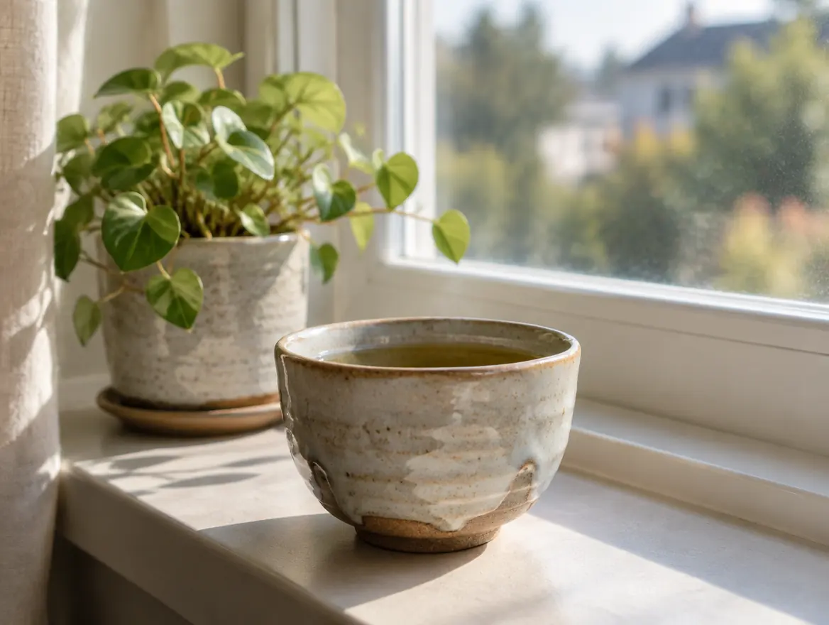 Ceramic tea cup on a windowsill beside a plant