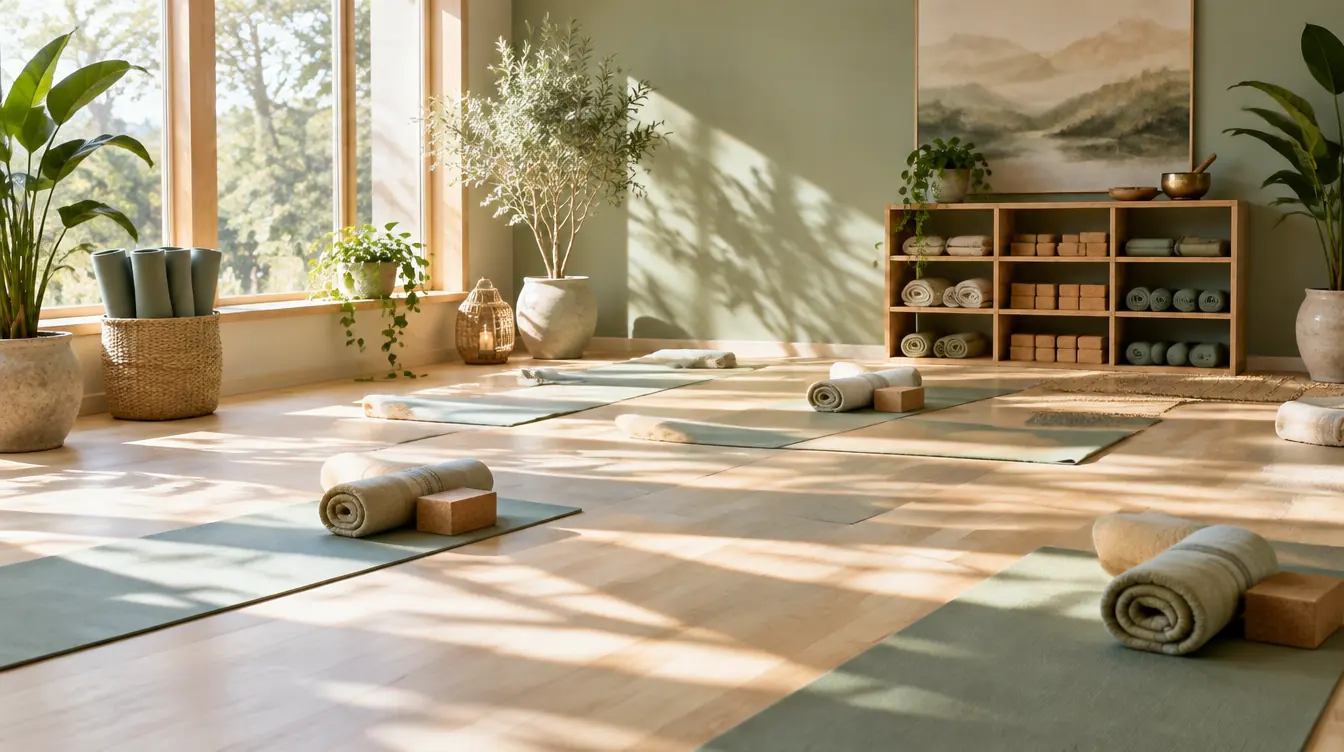 Sunlit studio with a wooden floor and rolled mats